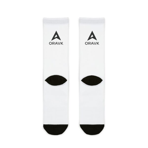 ORAVK Logo Sublimation Crew Socks — Branded White Athletic Socks
